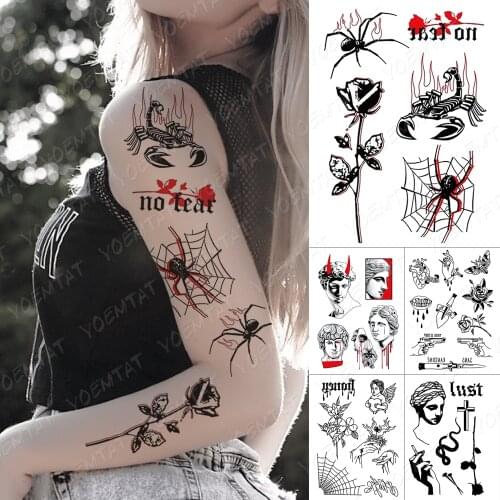 Waterproof Temporary Tattoo Sticker Scorpion Spider Rose Fire Old School Flash Tattoos Red Body Art Arm Fake Tatoo Women Men