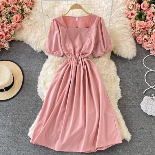 Summer New Fashion Women Casual Elegant Short Puff Sleeve Square Collar Slim Fit Below Knee A Line Dress
