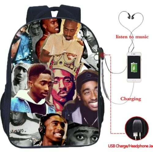 High Quality Tupac 2Pac USB Charge Backpack Fashion USB Charging Travel Rucksack Students Boys Girls School Bag