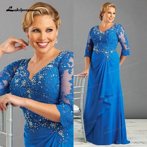 Modest Blue Mother Of The Bride Dresses Half Sleeve Plus Size Chiffon Lace Wedding Mother Dress Guest Party Formal Gowns 2021