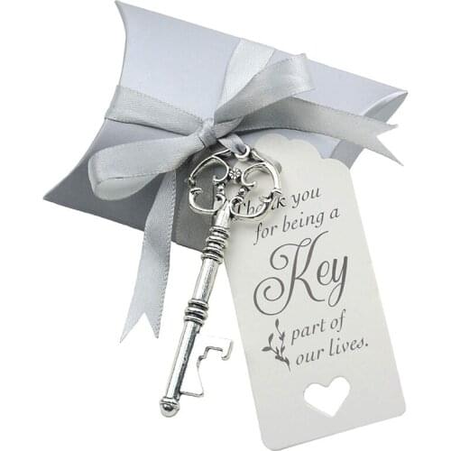 50Pcs Wedding Candy Souvenir Gift Set Pillow Candy Box Vintage Skeleton Key Opener French Ribbon