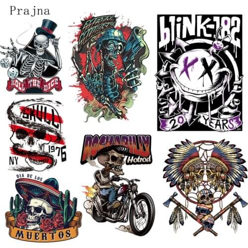 Prajna Punk Skull Heat Transfers Vinyl Motorcycle Biker Iron On Patches For Clothing DIY Stripes On Clothes Applique Jacket Man