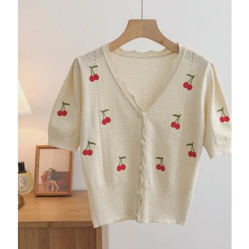 Embroidery Cherry Sweater Women New Sweet V-neck Cardigan 2021 Summer Korean Fashion Hollow Out Cropped Knitted Top Pull Femme