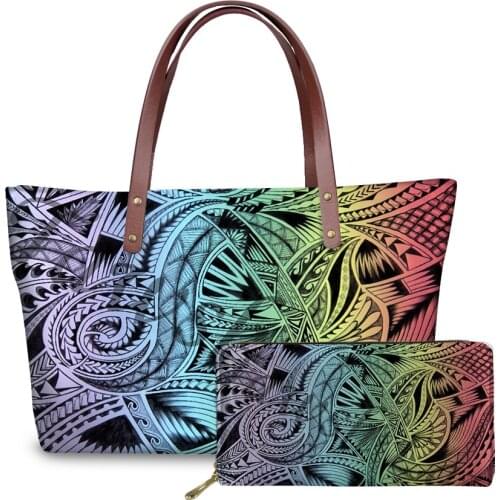 Women Big Handbags Long Wallets Set Polynesian Tribal Fabric Soft Tote Bag For Female Red Purple Purse Wholesales Free Dropship