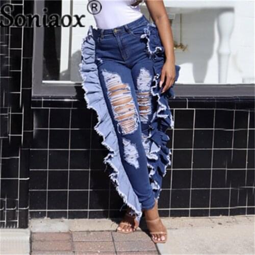 2021 Fashion Women Ruffle Long Jeans Newest Sexy High Waist Holes Ripped Pencil Jeans Casual Street Denim Trousers High Quality