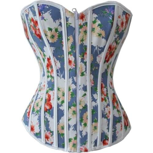 Womens Fashion Multi Floral Printed Zip-up Front Two Side Wear Reversible Lace-up Back Corset Bustier Plastic Boned Drop Ship