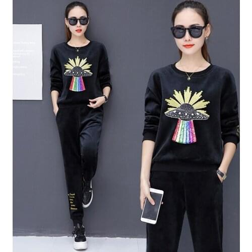 Two-piece womens velvet Korean casual sports suit autumn and winter plus velvet thick sportswear two-piece suit