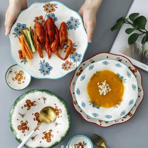 1PCS ceramic plate Vintage flower pattern Lace design European Simple Household Small Steak dessert plate kitchen accessorie