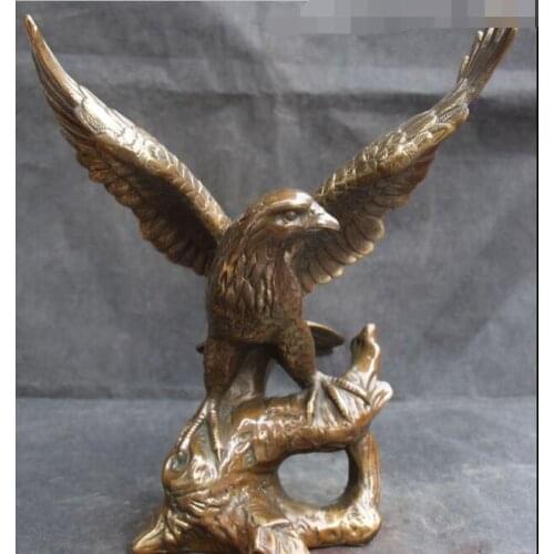 12" Chinese Feng shui Bronze Volitant Air Overlord Eagle Hawk Animal Statue