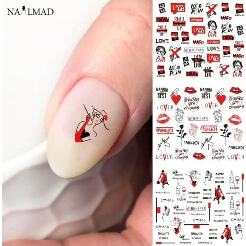 12pcs Russian Letter Nail Water Decals Sexy Girl Black Wraps Manicure Decoration Tattoo Slider