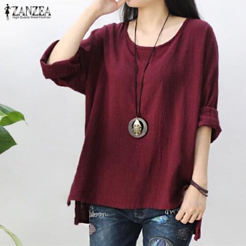 2021 ZANZEA Retro Womens O Neck Long Sleeve Split Baggy Cotton Solid Casual Loose Solid Tops Shirt Party Blouse Blusas