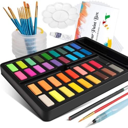 Watercolor Paint Set 36 Colors Solid Watercolor Paints with 10 Brushes Palette Folding Bucket Watercolor Paper for Kids Students