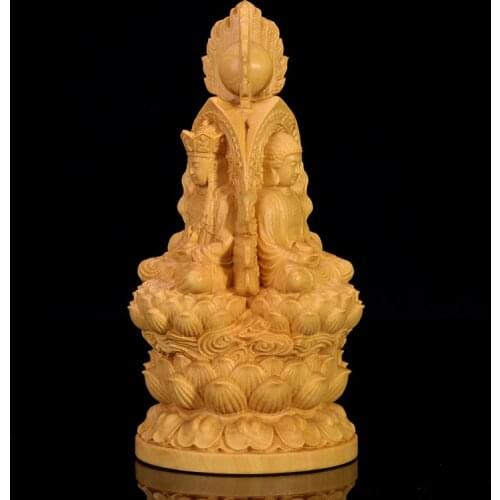 Boxwood 13cm Meditation Three Gods Wood Buddha Statue Saints Worship Sculpture Guanyin Shakyamuni Home Decor