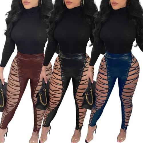 Adogirl Women Sexy Gromment PU Long Pants Lace Up Hollow Out High Waist Trousers Fashion Nightclub Party Bandage Leather Pants