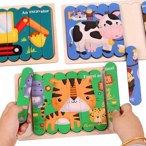 Wooden Educational Learning Toys Double-sided Puzzles Creativity Strip Shape Puzzle Telling Stories Stacking Jigsaw Kids