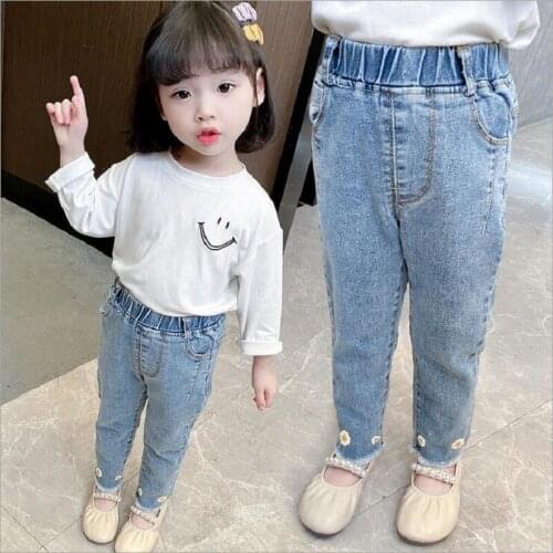 2-8Years Baby Girls Jeans Spring Autumn Trousers For Children Casual Style Flower Denim Pants For Girl Clothes