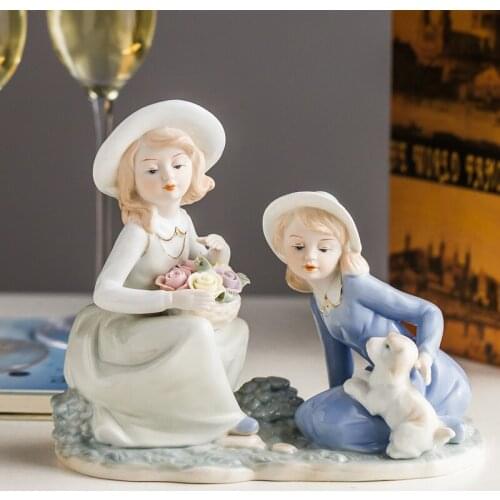 European Cute Crafts Western Girl Puppy Ceramic Ornaments Office Table Accessories Home Livingroom Desktop Figurines Decoration