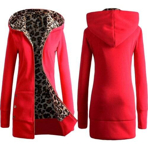Leopard Print Hoodie Winter Womens Mid-length Solid Color Slim Hooded Sweater Coat