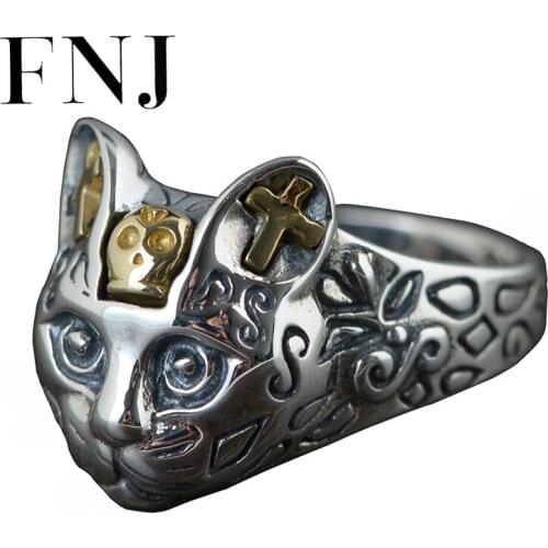 FNJ 925 Silver Cute Cat Ring Original S925 Sterling Silver Rings for Women Jewelry Adjustable USA Size Cross Animal
