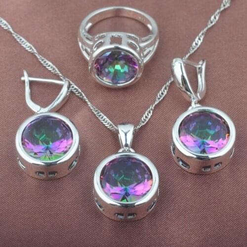 New Round Multicolor Rainbow Zircon Womens Silver Color Jewelry Sets Necklace Pendant Earrings Rings TZ0374