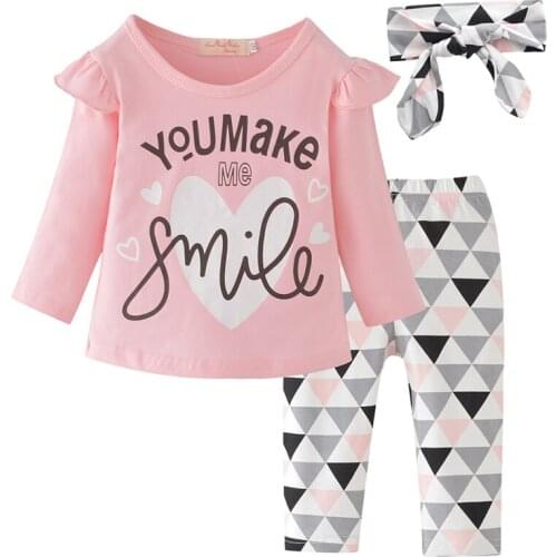 3Pcs Newborn Baby Girl Infant Clothes Suit Pink Sleeve Ruffle Tops+Geometric Pants+Headband Toddler Clothing Kids Outfits Set
