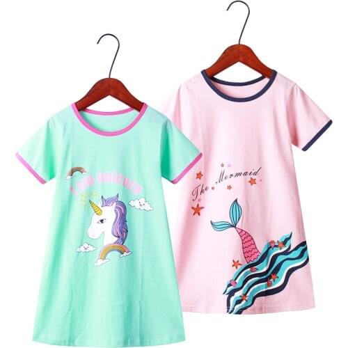 Summer Girl Nightgown Cartoon Pajamas Dress Home Clothes Unicorn Cotton Sleepwear Baby Night Dress Mother Kids Nightdress