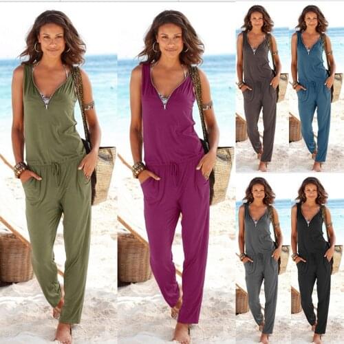 Lugentolo Zipper Sexy Jumpsuit Women Summer Fashion Sleeveless V Neck Straight Loose Causal Jumpsuits for Women