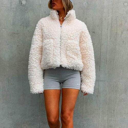 Fashion Fleece Jacket Women Lamb Long Sleeve Fuzzy Cropped Jacket Zipper Pocket Turtleneck Fluffy Winter Coat Fashion Outfits