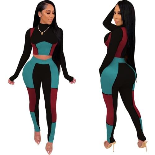 Fashion Casual Long-sleeved Stitching Sports Home Women Two-piece Set Tracksuit Crop Top Pants Matching Joggers Fitness Outfits