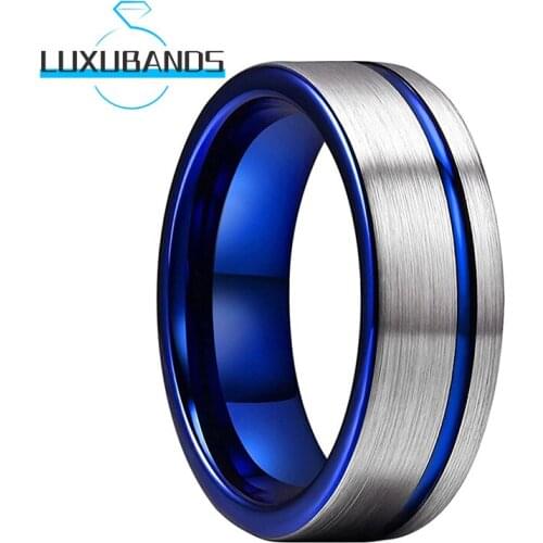 8MM Blue Tungsten Carbide Rings For Men Wemen Offset Lines Flat Engagement Wedding Bands Brushed Finished Comfort Fit