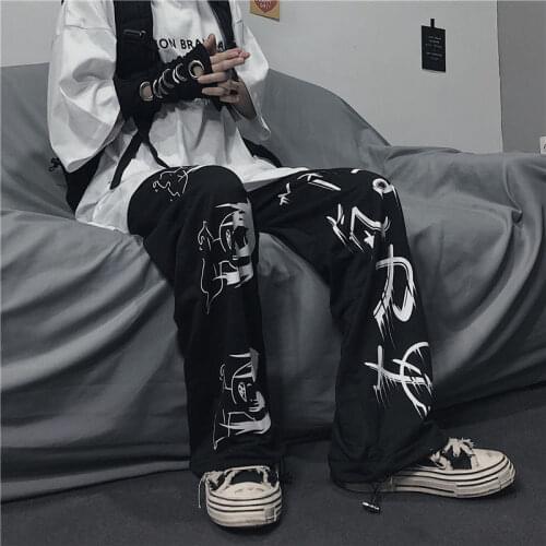 Letter dark casual pants trousers men trend fat fat plus size straight pants loose Korean version of youth pants