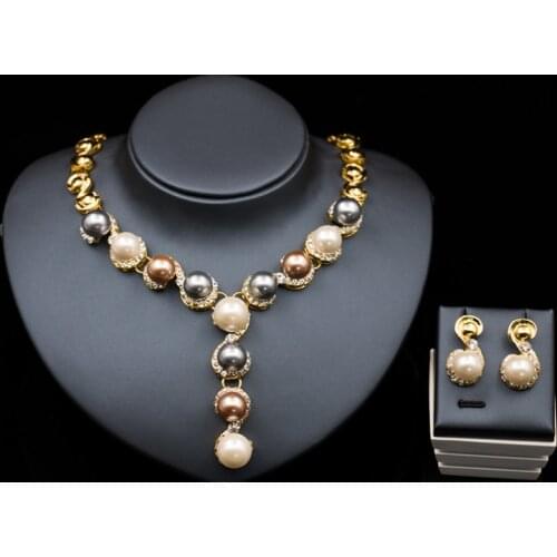 Parure bijoux mariage jewelry gold color austrian crystal simulated pearl jewerly sets necklace stud earring free shipping