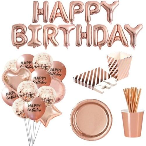 Chicinlife 1set Rose gold Happy Birthday Balloons Plates Cup Kids Adult Birthday Party Decoration Birthday Supplie favor balloon