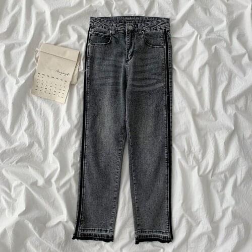 2021 New Stretchy High Waist Dark Grey Jeans Spring Versatile Straight Denim Trouser Fashion Vintage Streetwear Ninth Pant