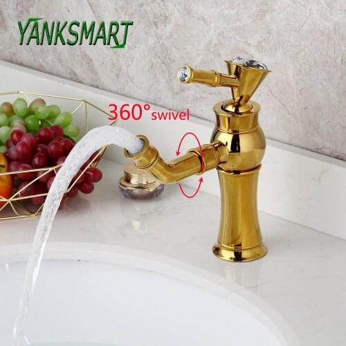 YANKSMART Luxury Gold Polished 360 Swivel Spout Bathroom Faucet Single Handle Basin Sink Faucets Deck Mounted Cold&Hot Mixer Tap