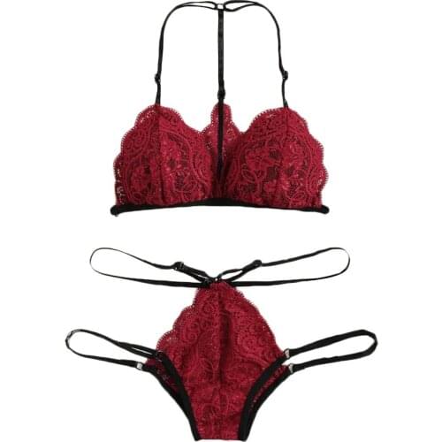 Sexy Floral Lace Embroidery Splicing Bra Thong 2 Piece Porno Lingerie Set Female Babydoll Bodysuit Sling Erotic Underwear