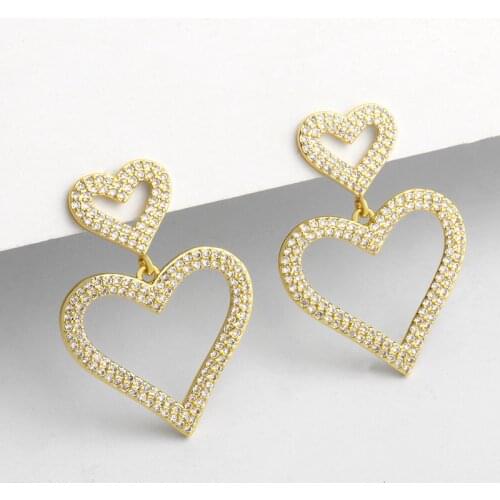 FLOLA Gold Double Heart Earrings For Women Crystal Dangle Earrings CZ Cubic Zirconia Statement Party Korean Jewelry Gifts ersu31
