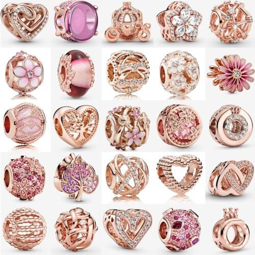 2021 New Rose Gold Sparkling Entwined Hearts Charm Fit pandora Bracelet 925 Silver Magnolia Daisy Flower Charm DIY Jewelry