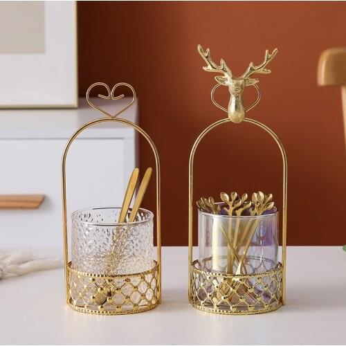 Nordic Luxury Style Colorful Glass Metal Basket Ornaments Desktop Storage Basket Household Cutlery Spoon Tube Home Decorations