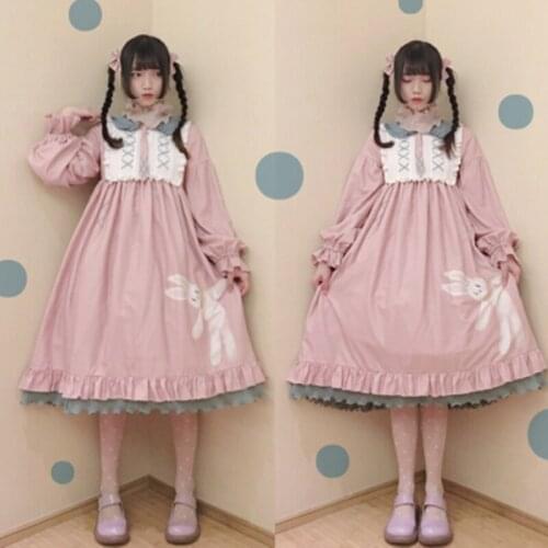 Sweet lolita dress vintage peter pan collar lantern sleeve high waist victorian dress cute printing kawaii girl gothic lolita op