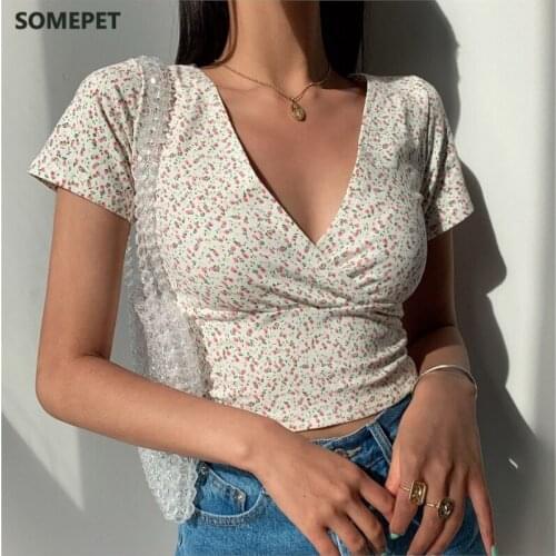 Summer French retro floral V-neck short-sleeved T-shirt Slim slimming wild high waist T-shirt womens top