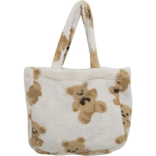 Women Lamb Like Fabrics Shoulder Tote Bag Plush Bear Handbag Reversible Shoulder Bag