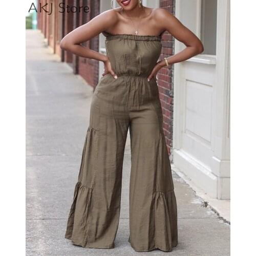 Women Sexy Bandeau Ruched Solid Color Wide Leg Jumpsuit