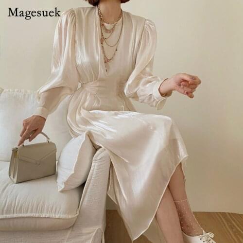 Spring Chic Slim Waist Vintage Loose Korean 2021 Irregular Solid O-neck Femme Robe Elegant Women Dress Vestidos De Mujer 15163