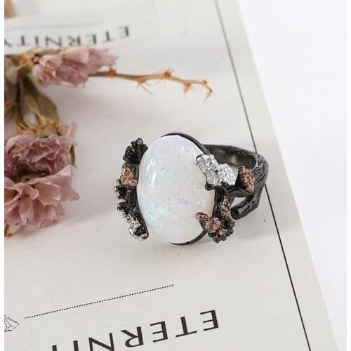 Beautiful Tree Flower Jewelry Black Gold Color Romantic Big Stone Acrylic Imitate Fire Opal Rings for Women Bands Statement Anel
