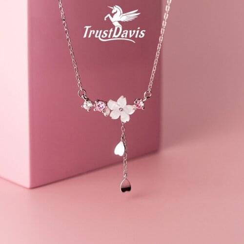 Trustdavis 925 Sterling Silver Temperament Shell Flower Chian Heart Necklace for Women Wedding Party Fine S925 Jewelry DA1334