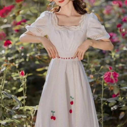 Vintage Square Collar Dress Women Elegant High Waist A Line Summer Beach Party Dress Short Sleeve Embroidery Dresses Vestidos