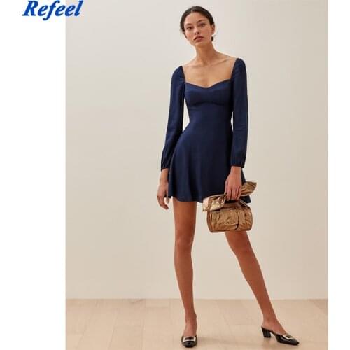 Vintage Solid Color Women Dress Sexy Square Neck Long Sleeve A-line Chiffon Dress Casual Summer Mini
