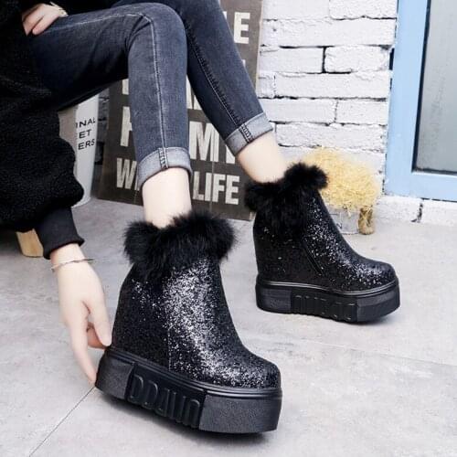 Snow boots womens inner furry boots 2019 new winter sequins plus velvet cotton shoes thick bottom slope with wild short boots