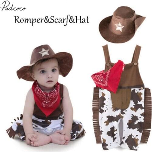 2019 Baby Summer Clothing Newborn Baby Boy Camo Outfits Cowboy Clothes Sleeveless Tassel Romper Jumpsuit Bib Hat 3pcs Set 0-24M